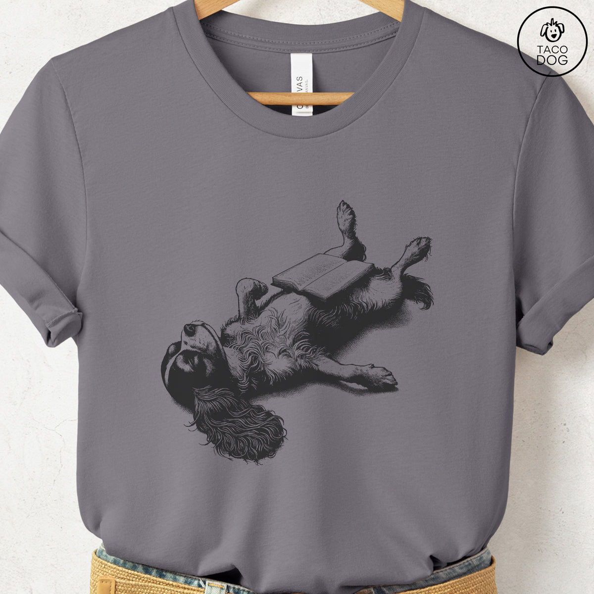 Cavalier King Charles Spaniel Book Nap T-Shirt, design close-up