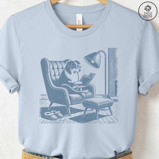 Australian Shepherd Aussie Reading Chair T-Shirt Light Blue Taco-Dog