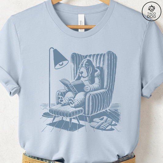 Basset Hound Reading Chair T-Shirt Light Blue Taco-Dog