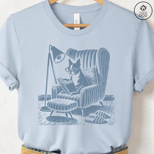 Boston Terrier Reading Chair T-Shirt Light Blue Taco-Dog