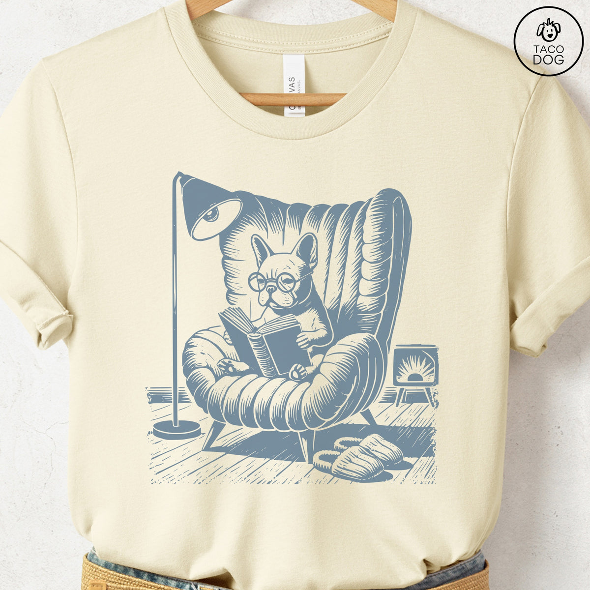French Bulldog Frenchie Reading Chair T-Shirt, design close-up