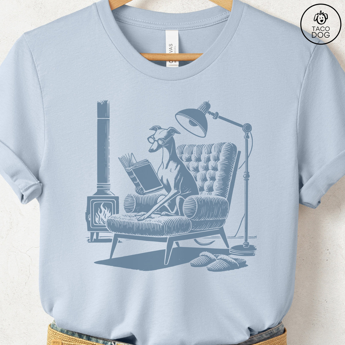 Italian Greyhound Whippet Reading Chair T-Shirt, design close-up