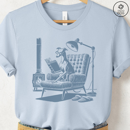 Italian Greyhound Whippet Reading Chair T-Shirt Light Blue Taco-Dog