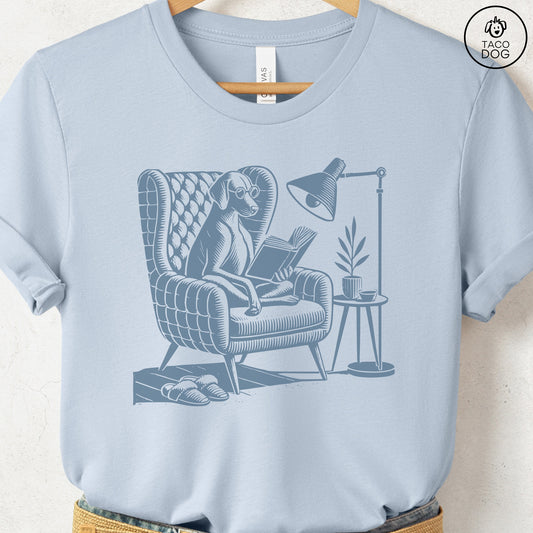 Vizsla Reading Chair T-Shirt Light Blue Taco-Dog