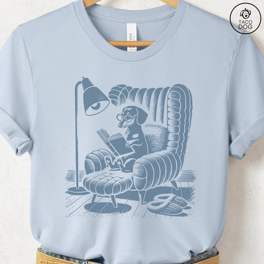 Dachshund Wiener Dog Reading Chair T-Shirt Light Blue Taco-Dog