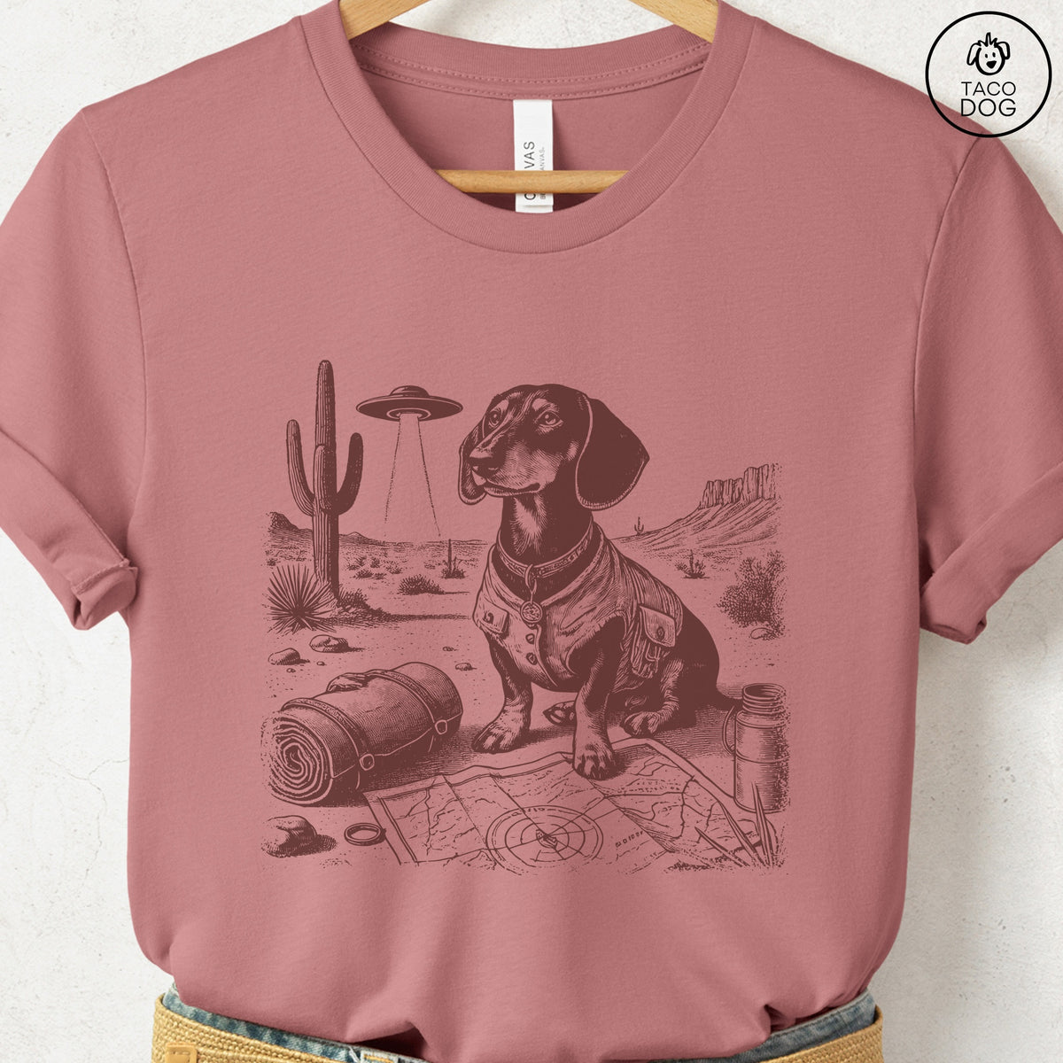 Dachshund Doxie Desert Survey T-Shirt, design close-up