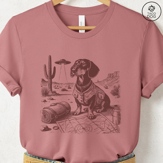 Dachshund Doxie Desert Survey T-Shirt Heather Mauve Taco-Dog