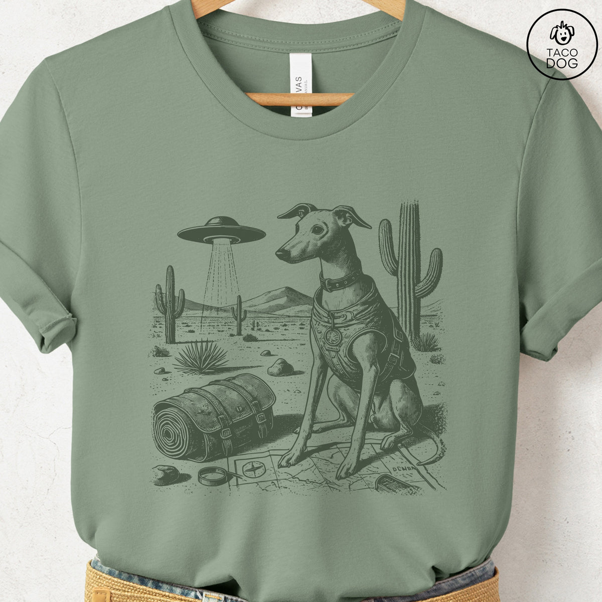 Italian Greyhound Whippet Desert Survey T-Shirt, design close-up