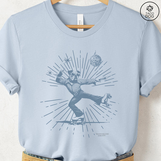 English Bulldog Roller Disco T-Shirt Light Blue Taco-Dog
