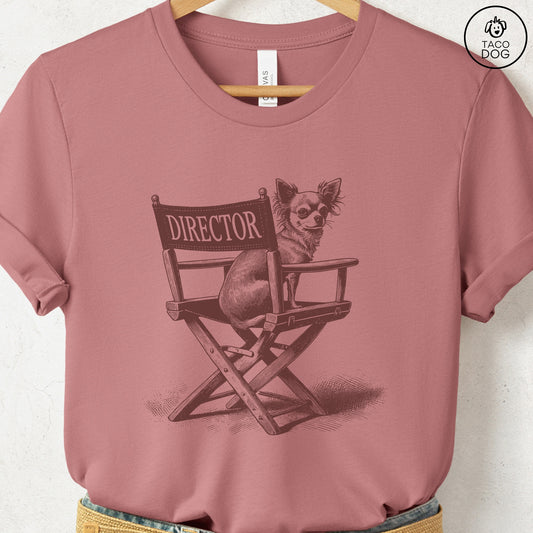 Chihuahua Director Chair T-Shirt Heather Mauve Taco-Dog