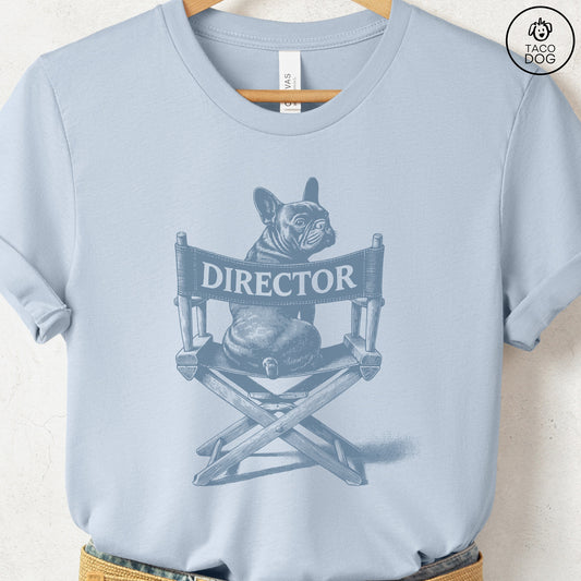 French Bulldog Frenchie Director Chair T-Shirt Light Blue Taco-Dog