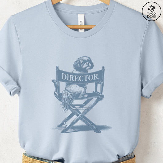 Shih Tzu Director Chair T-Shirt Light Blue Taco-Dog