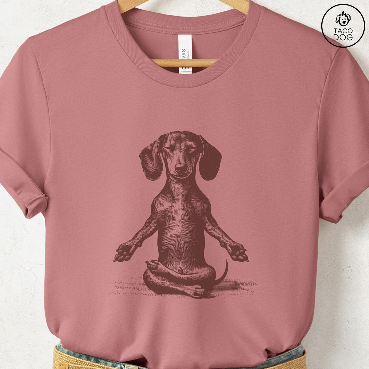 Dachshund Wiener Dog Meditate Yoga T-Shirt, design close-up