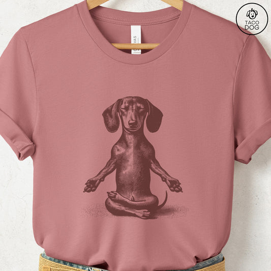 Dachshund Wiener Dog Meditate Yoga T-Shirt Heather Mauve Taco-Dog