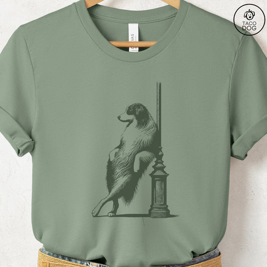 Australian Shepherd Aussie Lamppost Leaning T-Shirt Sage Taco-Dog