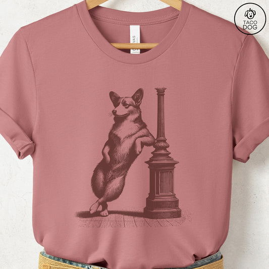 Corgi Lamppost Leaning T-Shirt Heather Mauve Taco-Dog