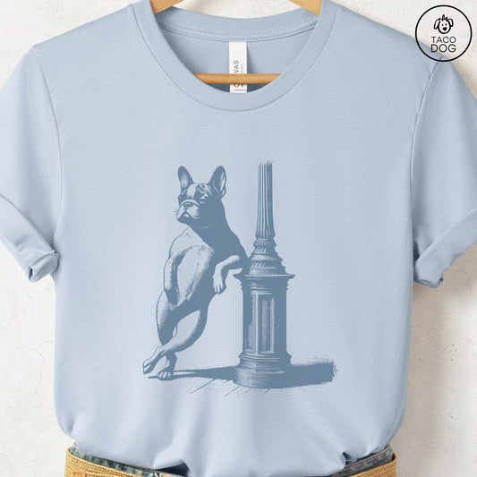 French Bulldog Frenchie Lamppost Leaning T-Shirt Light Blue Taco-Dog