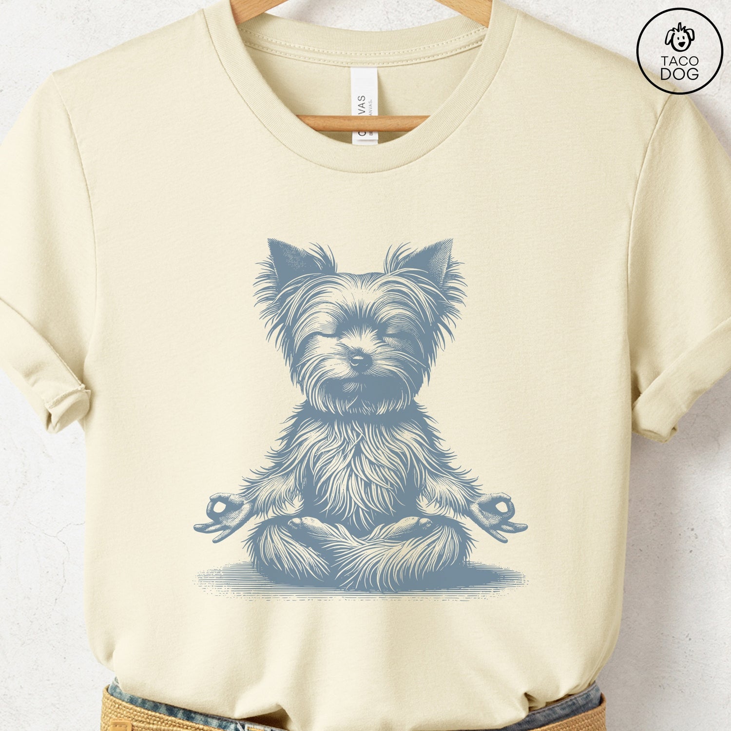 Yorkshire Terrier Yorkie Meditate Yoga Lotus Pose T-Shirt Natural Taco-Dog