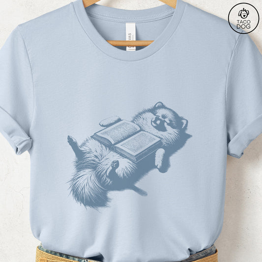 Pomeranian Book Nap T-Shirt Light Blue Taco-Dog