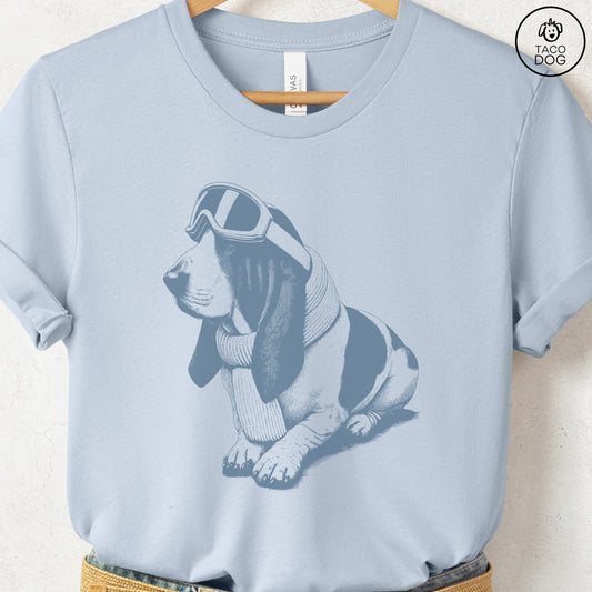 Basset Hound Winter Sport T-Shirt Light Blue Taco-Dog