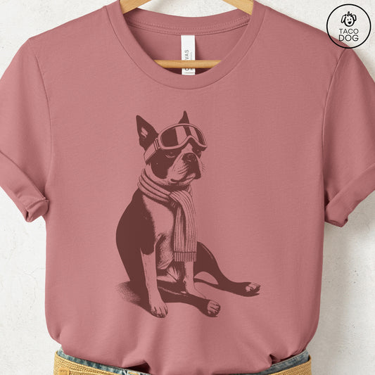 Boston Terrier Winter Sport T-Shirt Heather Mauve Taco-Dog