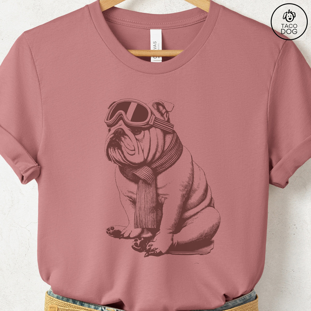 English Bulldog Winter Sport T-Shirt, design close-up