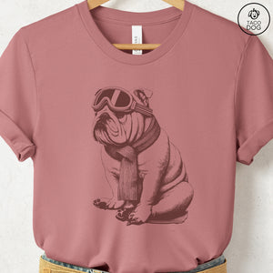 English Bulldog Winter Sport T-Shirt Heather Mauve Taco-Dog