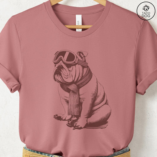 English Bulldog Winter Sport T-Shirt Heather Mauve Taco-Dog