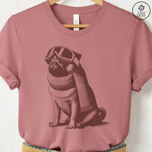 Pug Winter Sport T-Shirt Heather Mauve Taco-Dog