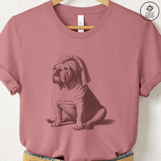 English Bulldog Spa T-Shirt Heather Mauve Taco-Dog