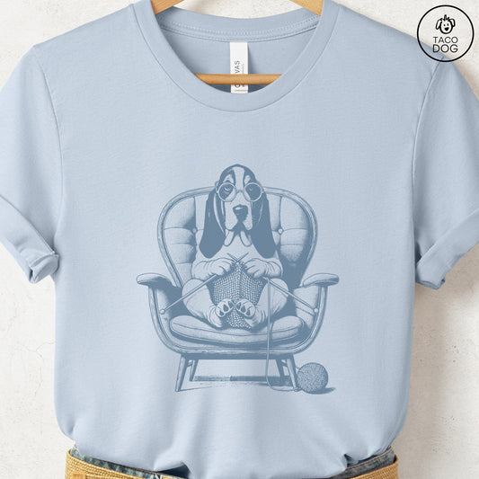 Basset Hound Knitting T-Shirt Light Blue Taco-Dog