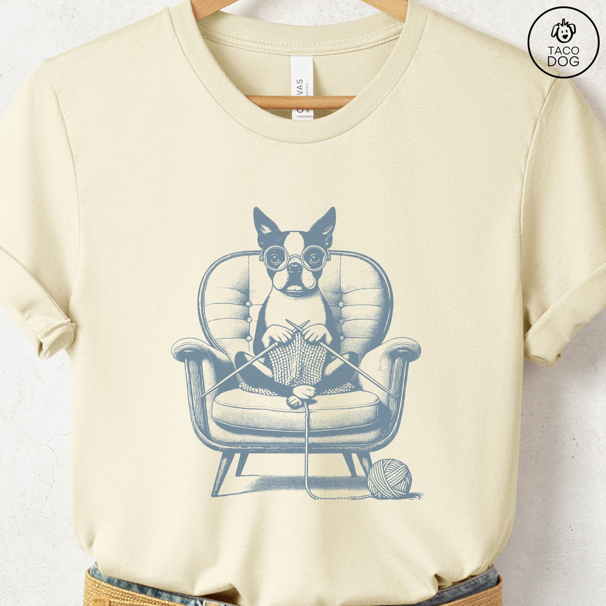 Boston Terrier Knitting T-Shirt, design close-up