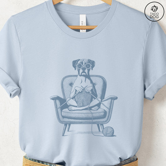 Boxer Dog Knitting T-Shirt Light Blue Taco-Dog