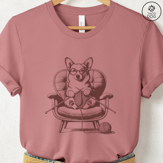 Corgi Knitting T-Shirt Heather Mauve Taco-Dog
