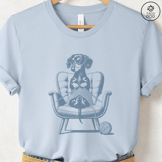 Dachshund Knitting T-Shirt Light Blue Taco-Dog
