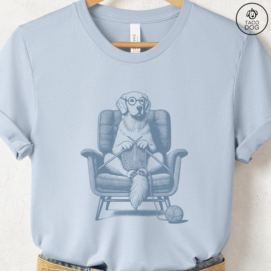 Golden Retriever Knitting T-Shirt Light Blue Taco-Dog