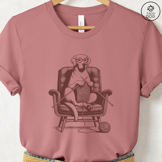 Labrador Retriever Knitting T-Shirt Heather Mauve Taco-Dog