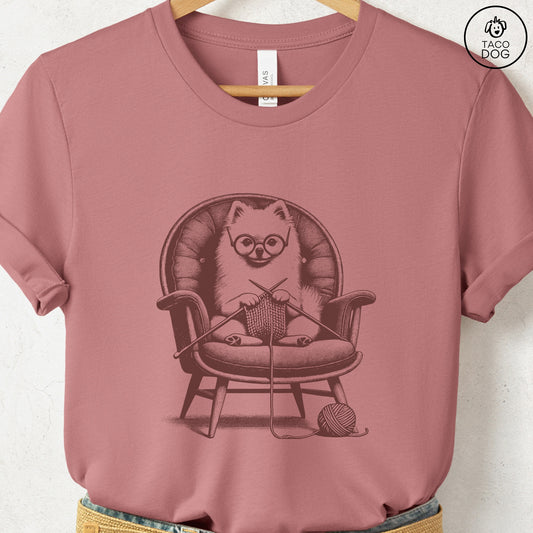 Pomeranian Knitting T-Shirt Heather Mauve Taco-Dog