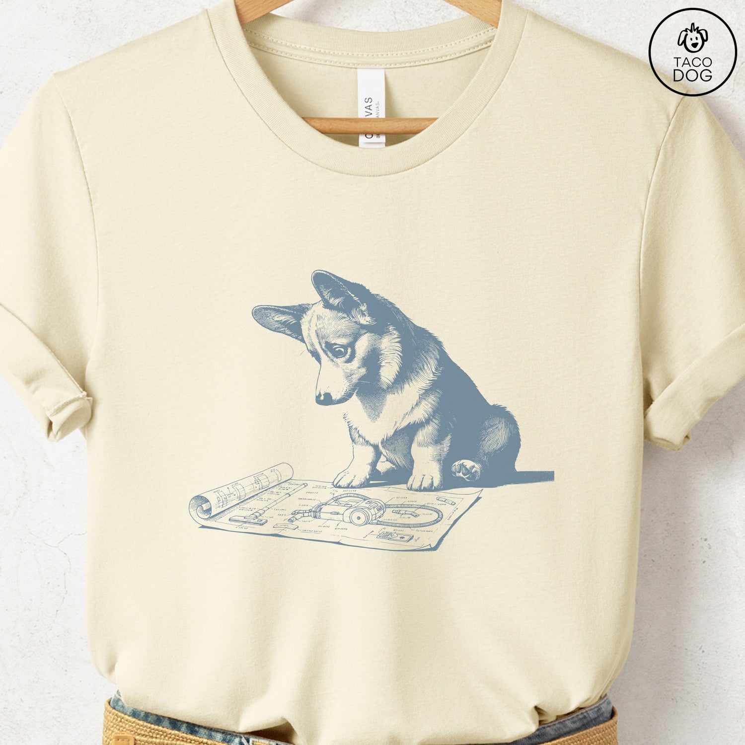 Corgi Vacuum Blueprint T-Shirt Natural Taco-Dog
