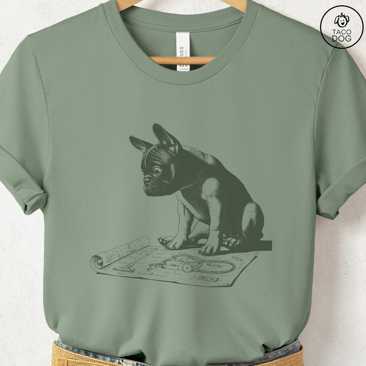 French Bulldog Frenchie Vacuum Blueprint T-Shirt, design close-up
