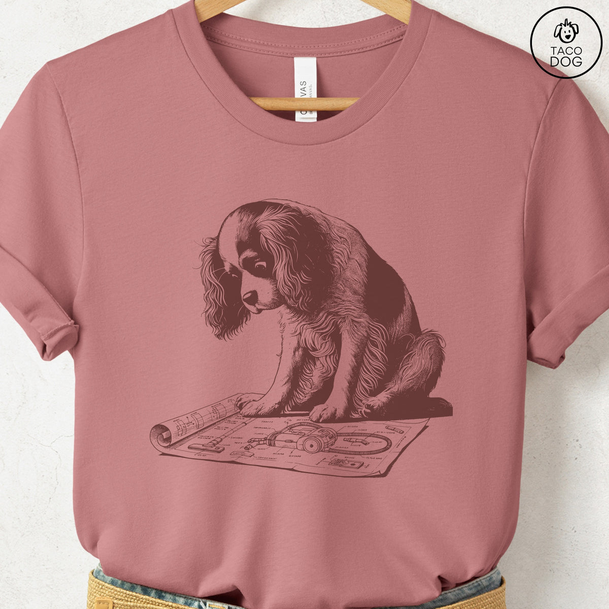 Cavalier King Charles Spaniel Vacuum Blueprint T-Shirt, design close-up