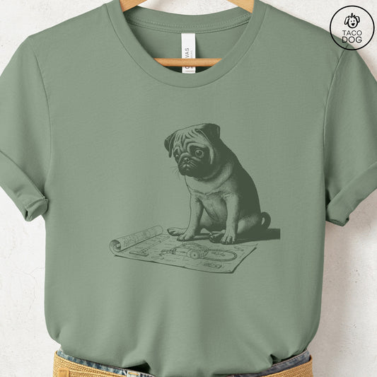 Pug Vacuum Blueprint T-Shirt Sage Taco-Dog
