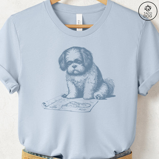 Shih Tzu Vacuum Blueprint T-Shirt Light Blue Taco-Dog