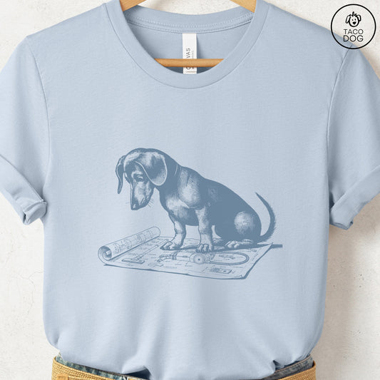 Dachshund Doxie Vacuum Blueprint T-Shirt Light Blue Taco-Dog