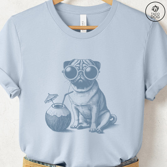 Pug Vacation T-Shirt Light Blue Taco-Dog