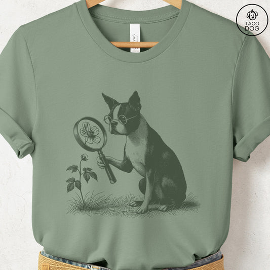 Boston Terrier Botanist Flower T-Shirt Sage Taco-Dog
