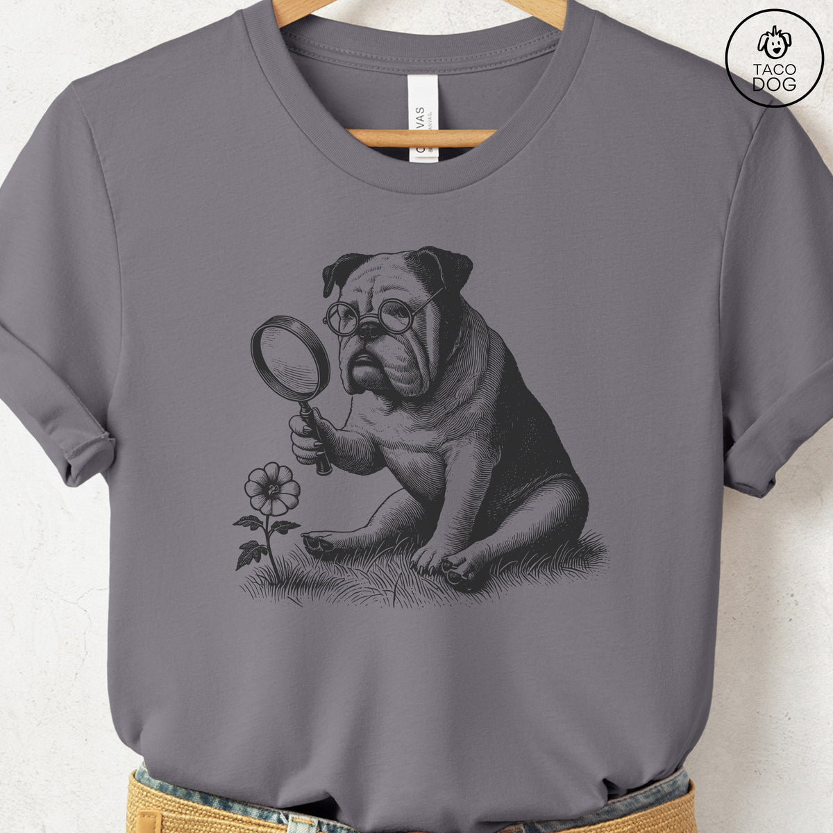 English Bulldog Botanist Flower T-Shirt, design close-up