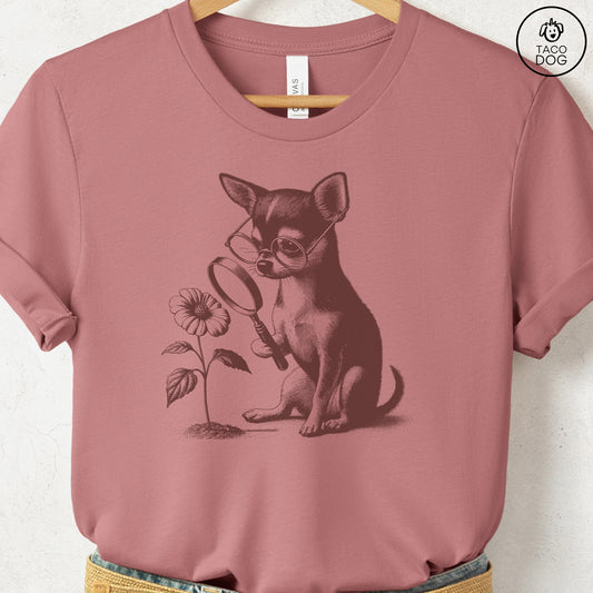 Chihuahua Botanist Flower T-Shirt Heather Mauve Taco-Dog