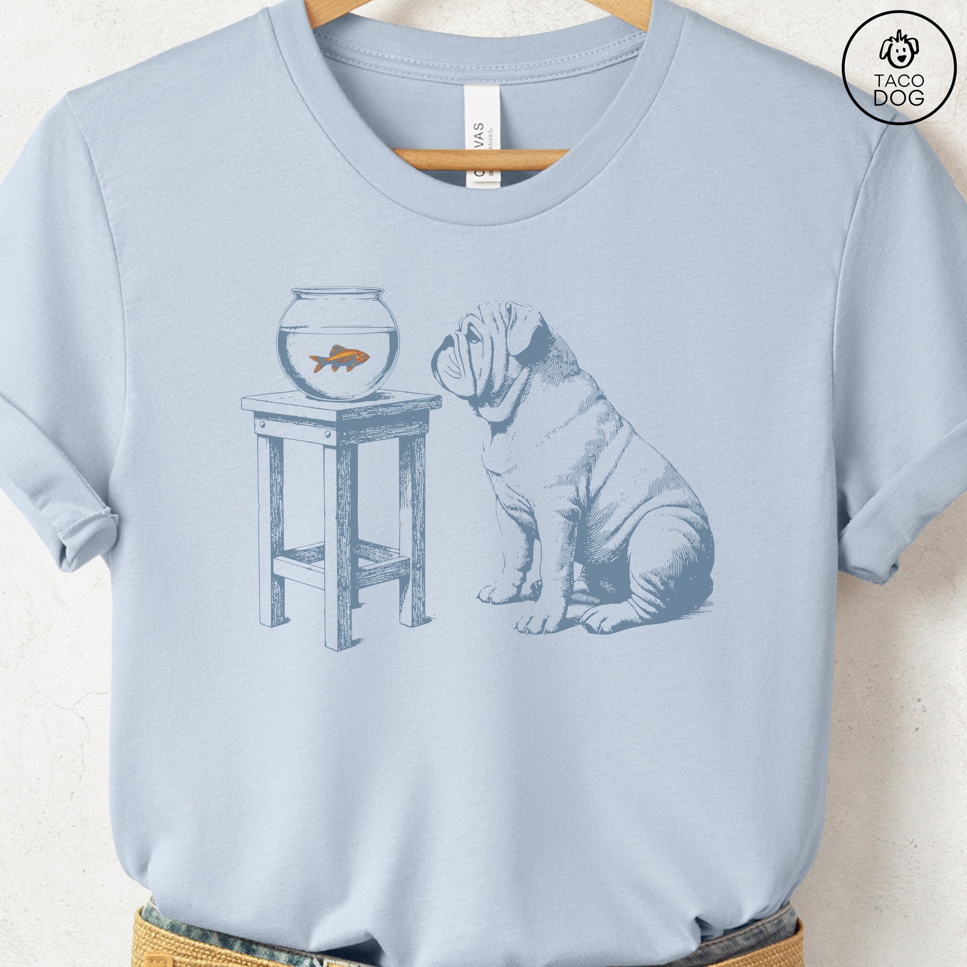English Bulldog Goldfish T-Shirt Light Blue Taco-Dog