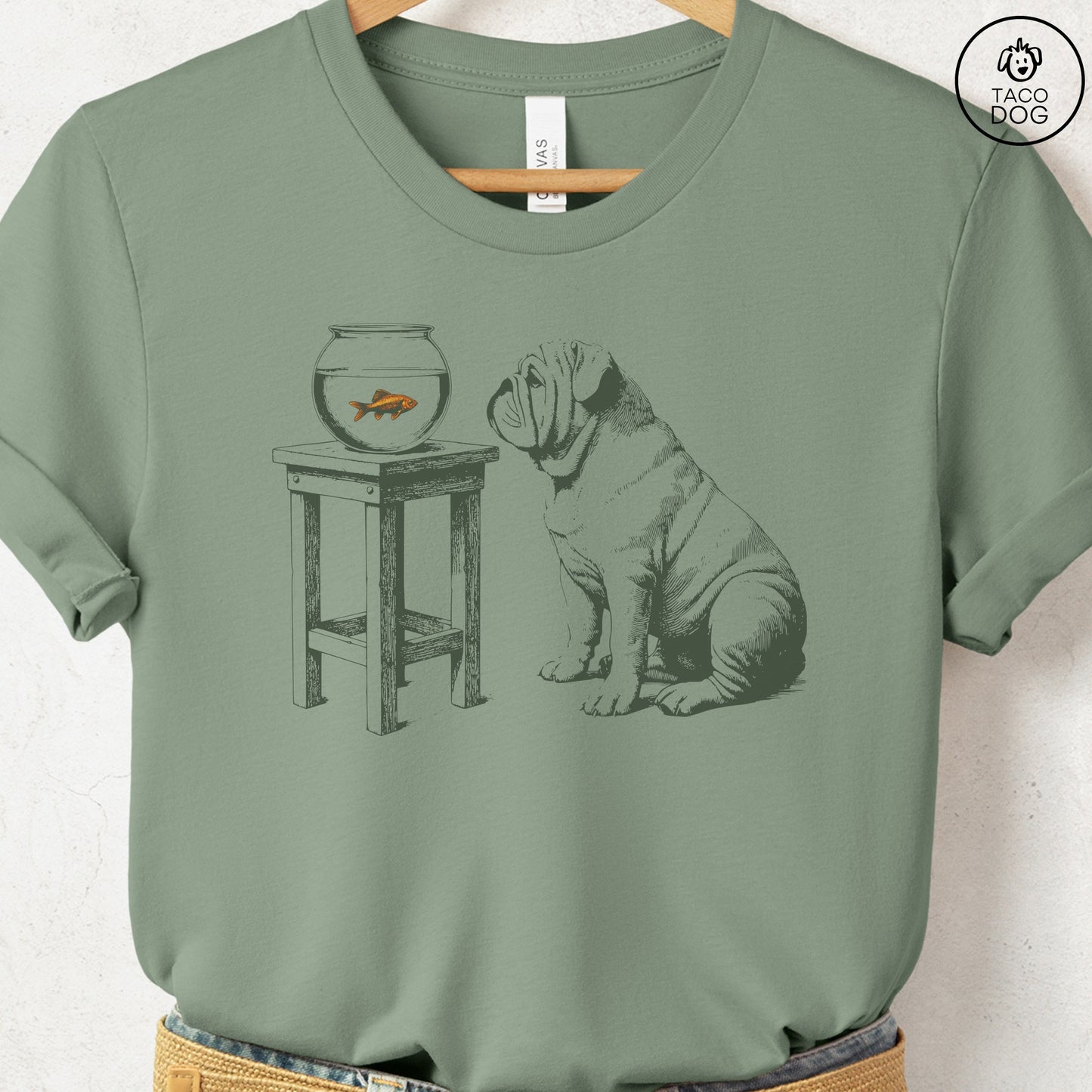 English Bulldog Goldfish T-Shirt Sage Taco-Dog